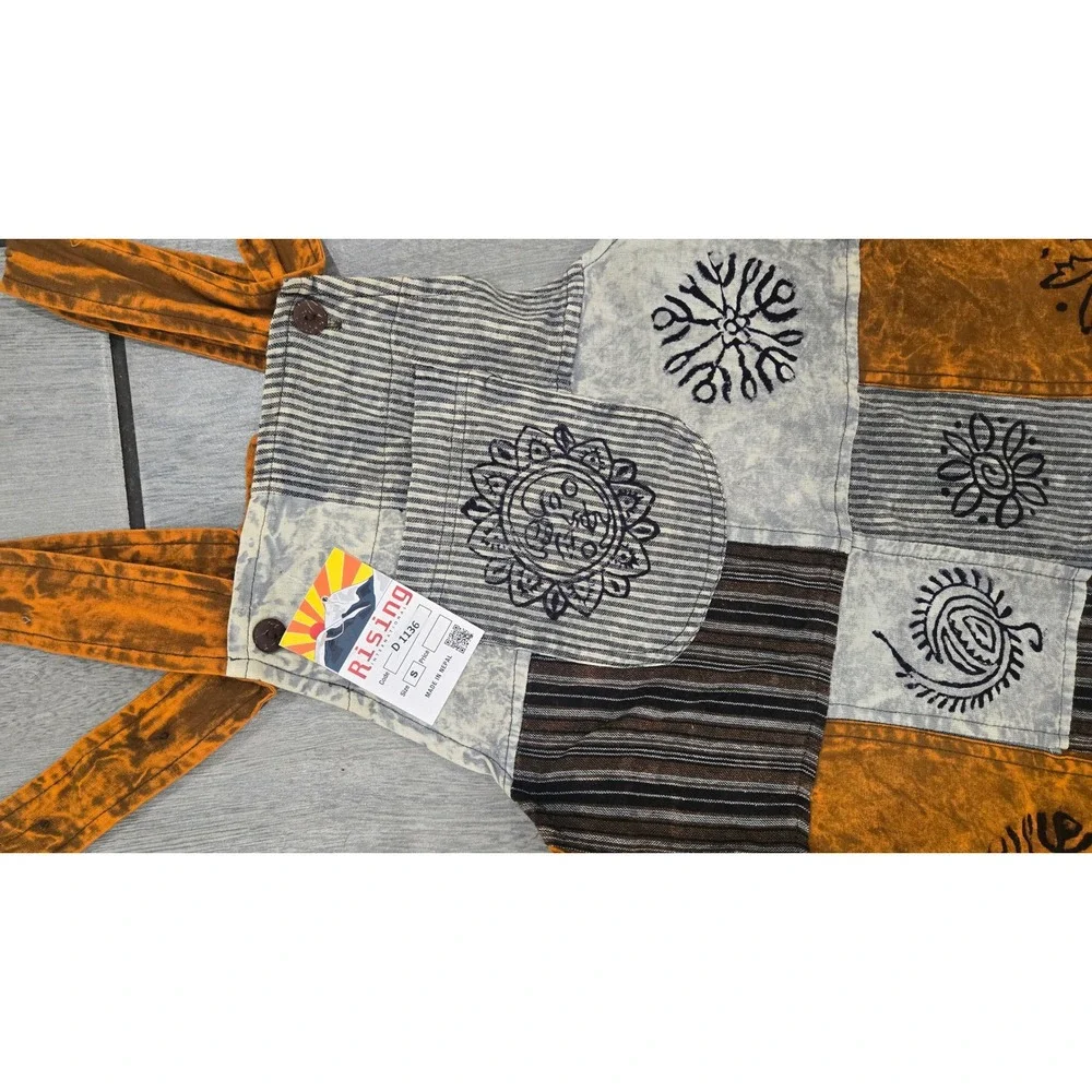 Rising International Patchwork Overalls Sun Moon Boho Hippie Nepal Small D1136